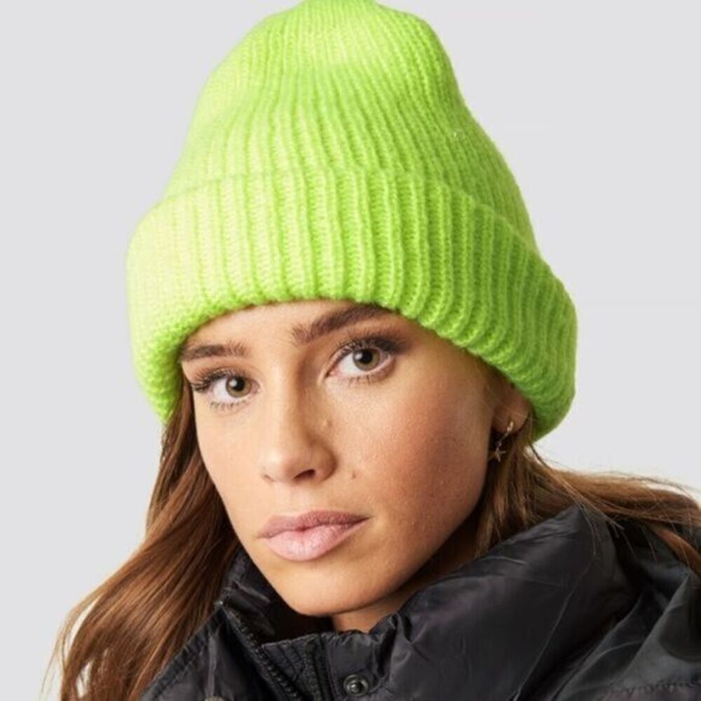 BP Neon Green Ribbed Beanie. High visibility for safety.